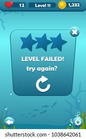 Vector level failed game user interface with heart and coin icons, settings, stars and buttons devoted to underwater world with fish and coral