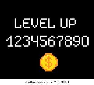 Vector level up pixel 8-bit style phrase with numbers from 0 to 9. Pixel golden coin concept of money. Black background