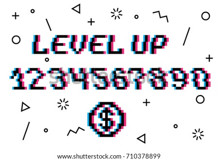 Vector level up pixel 8-bit style phrase with numbers from 0 to 9. Pixel coin - concept of money. White background. Memphis style pattern decor
