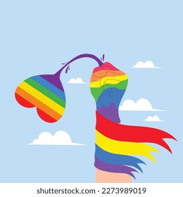 Banner de vector LGBT para el vector del Día del Orgullo Feliz Lgbt. Mes del orgullo. Corazón arcoiris y mano de victoria con brazalete arco iris. Bandera LGBTQ. 