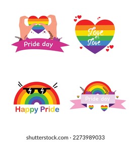 Vector LGBT banner for Happy lgbt PRIDE day vector. Pride month. Rainbow heart and victory hand with rainbow bracelet. LGBTQ flag. 
