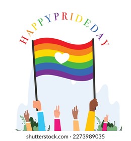 Banner de vector LGBT para el vector del Día del Orgullo Feliz Lgbt. Mes del orgullo. Corazón arcoiris y mano de victoria con brazalete arco iris. Bandera LGBTQ. 
