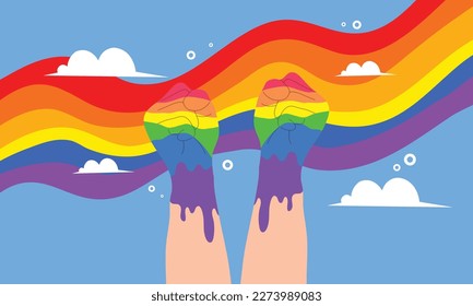 Banner de vector LGBT para el vector del Día del Orgullo Feliz Lgbt. Mes del orgullo. Corazón arcoiris y mano de victoria con brazalete arco iris. Bandera LGBTQ. 