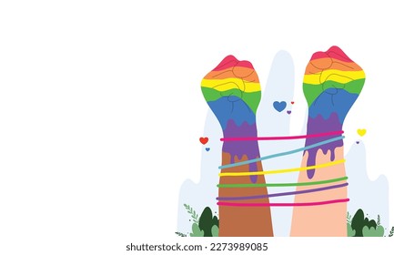 Vector LGBT banner for Happy lgbt PRIDE day vector. Pride month. Rainbow heart and victory hand with rainbow bracelet. LGBTQ flag. 