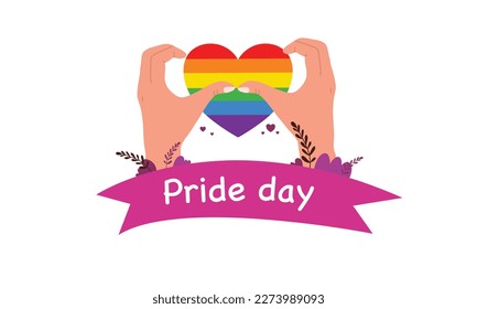 Banner de vector LGBT para el vector del Día del Orgullo Feliz Lgbt. Mes del orgullo. Corazón arcoiris y mano de victoria con brazalete arco iris. Bandera LGBTQ. 