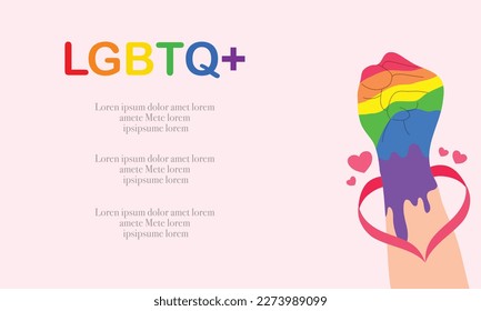 Vector LGBT banner for Happy lgbt PRIDE day vector. Pride month. Rainbow heart and victory hand with rainbow bracelet. LGBTQ flag. 