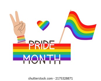 Vector LGBT banner. Pride month. Rainbow heart and victory hand with rainbow bracelet. LGBTQ flag.