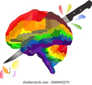 Vector del cerebro LGBT con cuchillo, explicación metafórica de ataques a personas LGBT (lesbianas, gays, bisexuales, transexuales). Diseño plano de cerebro colorido.