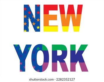 Vector lgbt drawing for a t-shirt with the inscription 
of the name of the city of New York on the background 
of the national flag of the USA with rainbow elements. Pattern for textiles.