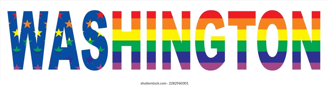 Vector lgbt drawing for a t-shirt with the inscription of the name of the city of Washington on the background of the national flag of the USA with rainbow elements. Pattern for textiles.