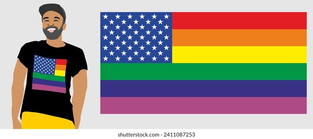 Vector lgbt drawing for t-shirt with 
rainbow flag of usa lgbt community. Lgbt symbol in 
rainbow colors. Fashion pattern for fabric. 
Man with beard in baseball cap.