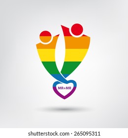 Vector lgbt flag, gay love symbol with heart, homosexual couple