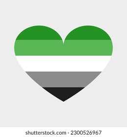 Vector LGBT+ flag in the shape of a heart. Aromantic, spectrum of romantic orientations, five horizontal stripes, identity.