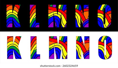 Vector lgbt font on background 
abstract pattern in rainbow colors.
Set of letters of english alphabet with
ornament of wavy stripes for
clothing, fabric, textile, paper, inscription on t shirt.