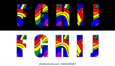Vector lgbt font on background 
abstract pattern in rainbow colors.
Set of letters of english alphabet with
ornament of wavy stripes for
clothing, fabric, textile, paper, inscription on t shirt.
