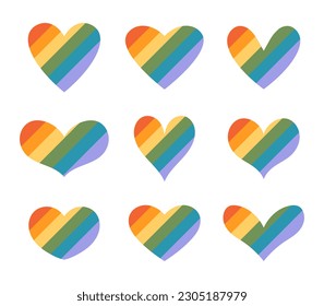 Vector LGBT hearts in flat design. Pride month symbols. LGBT community signs. Hearts in rainbow colors. LGBTQ design diagonal striped elements.