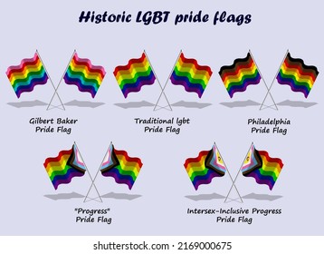 Vector of LGBT historic pride flags most used by the community go by year of creation and have their names