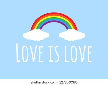 vector lgbt lesbian gay pride trans poster card banner with love is love lettering and rainbow isolated on blue background