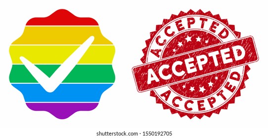 Vector for LGBT only icon and distressed round stamp seal with Accepted caption. Flat for LGBT only icon is isolated on a white background. Accepted stamp seal uses red color and dirty surface.