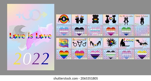 Vektor-LGBT-Pride-Kalender. Umrisse dunkle Zeichnungen mit Attributen von LGBT-Gemeinschaften. 