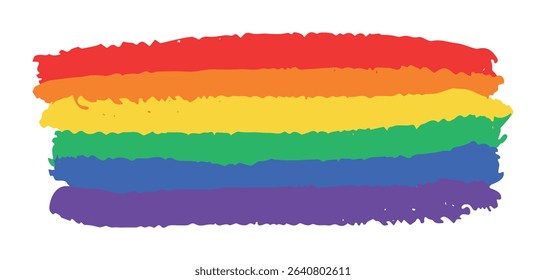 Vector LGBT pride flag with rough brush strokes and torn edges on transparent background. Hand-painted style symbolizes diversity, freedom, and self-expression. Perfect for LGBTQ+ and equality project