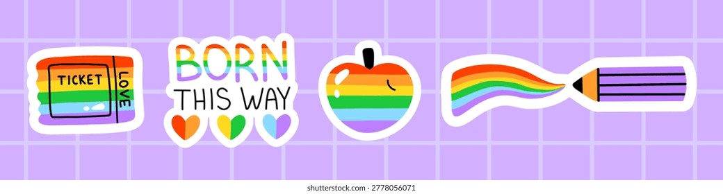 Vector lgbt pride sticker pack with rainbow love ticket, born this way quote, heart, cute apple, pencil with rainbow. Colorful queer illustration for notebook, planner, creative celebration design.