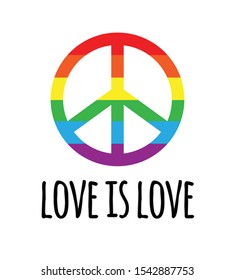 Vector lgbt rainbow flag peace sign with love is love lettering isolated on white background
