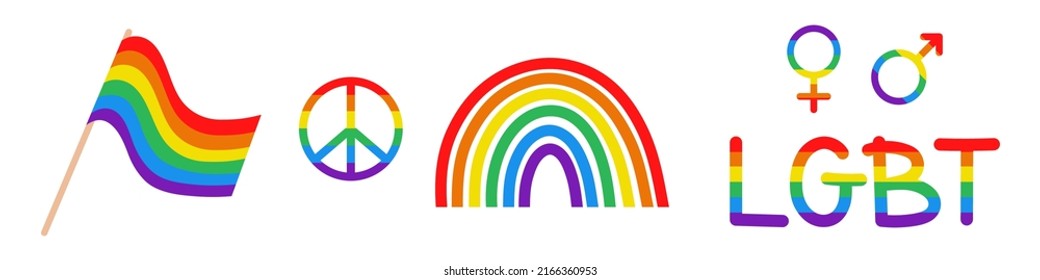 Vector LGBT set. Rainbow flag. LGBT elements. Peace symbol. Pride month.