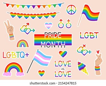 Vector LGBT Sticker Set. Colorful Set Of LGBTQ+ Pride Cliparts. LGBT Flags, Gender Signs, Hearts. Collection Of LGBTQ Community Elements.