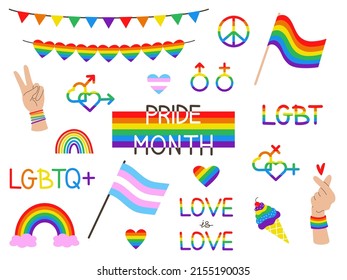 Vector LGBT Sticker Set. Colorful Set Of LGBTQ+ Pride Cliparts. LGBT Flags, Gender Signs, Hearts. Collection Of LGBTQ Community Elements.