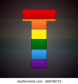 Vector lgbt symbol letter - T. Pride font shape of colored, multicolor, colour pieces, parts, tiles. Rainbow type, alphabet, font. Creative toy children of flag lgbt community. Education symbol.Alphab