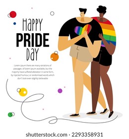 The vector with LGBTQ couple, man and phrase HAPPY PRIDE DAY.  They celebration pride day, LGBT parade. The Illustration good for poster or UI UX design or stories.