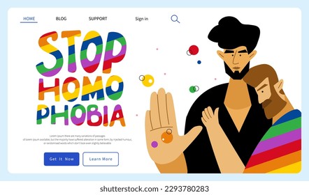 The vector with LGBTQ couple, man and rainbow lettering STOP HOMOPHOBIA.  They celebration pride day, LGBT parade. The Illustration good for web landing page, UI UX website design or  stories.