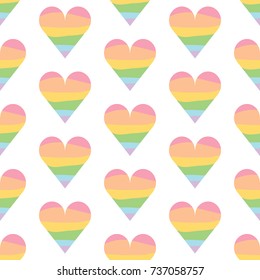 Vector LGBTQ rainbow flag hearts. Colorful seamless pattern. White background illustration. Pride equality pattern.