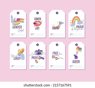 Vector LGBTQ template tags for gift and presents with attributes and love symbols. Pride Month decorations labels