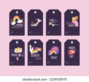 Vector LGBTQ template tags for gift and presents with attributes and love symbols. Pride Month decorations labels