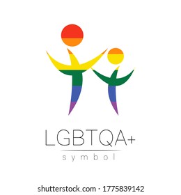 Vector LGBTQA family symbol. Pride flag background. Icon for gay, lesbian, bisexual, transsexual, queer and allies person. Can be use for sign activism, psychology or counseling. LGBT on white.