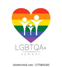 Vector LGBTQA family symbol. Pride flag background. Icon for gay, lesbian, bisexual, transsexual, queer and allies person. Can be use for sign activism, psychology or counseling. LGBT on white.