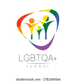 Vector LGBTQA family symbol. Pride flag background. Icon for gay, lesbian, bisexual, transsexual, queer and allies person. Can be use for sign activism, psychology or counseling. LGBT on white.