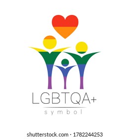 Vector LGBTQA family symbol. Pride flag background. Icon for gay, lesbian, bisexual, transsexual, queer and allies person. Can be use for sign activism, psychology or counseling. LGBT on white.