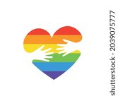 Vector LGBTQA logo symbol. Pride flag background. Icon for gay, lesbian, bisexual, transsexual, queer and allies person. Heart love with hand LGBT logotype on white.	
