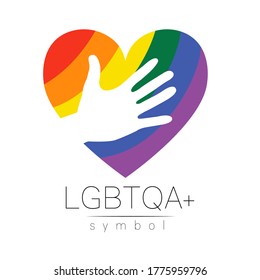 Logo-Symbol für Vector LGBTQA. Pride Fahne Hintergrund. Icon für schwul, lesbisch, bisexuell, transsexuell, queer und verbündete Person. Herzliebe mit der Hand LGBT-Logo auf weiß.