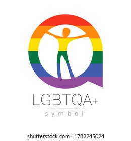 Vector LGBTQA logo symbol. Pride flag background. Icon for gay, lesbian, bisexual, transsexual, queer and allies person. Can be use for sign activism, psychology or counseling. LGBT logotype on white.