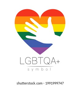 Vector LGBTQA logo symbol. Pride flag background. Icon for gay, lesbian, bisexual, transsexual, queer and allies person. Can be use for sign activism, psychology or counseling. LGBT logotype on white.