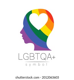 Vector LGBTQA logo symbol. Pride flag background. Icon for gay, lesbian, bisexual, transsexual, queer and allies person. Can be use for sign activism, psychology or counseling. LGBT logotype on white.