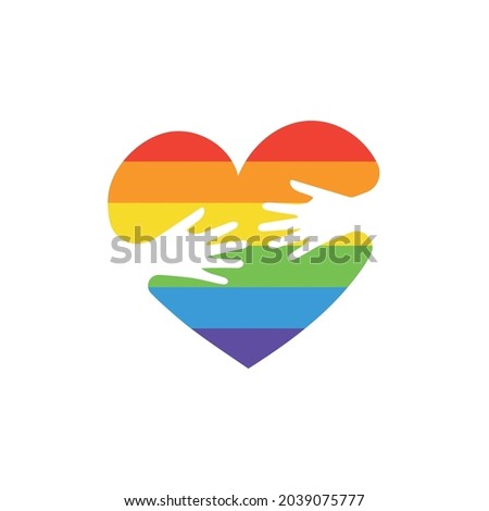 Vector LGBTQA logo symbol. Pride flag background. Icon for gay, lesbian, bisexual, transsexual, queer and allies person. Heart love with hand LGBT logotype on white.	

