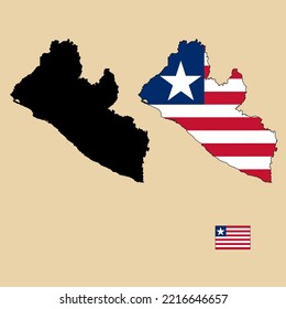 Vector of Liberia country outline map with flag set isolated on plain background. Silhouette of country map can be used for template, report, and infographic.