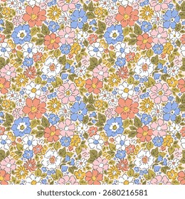 Patrón sin costuras floral de la libertad del Vector. Patrón floral de campo de flores en colores pastel pálidos azul, rosa, rojo, blanco. Hermosa textil sucia sin fisuras floral, fondo de coral. Estampado de stock para niños