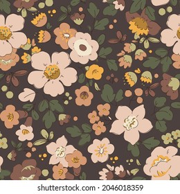 Vector Liberty pattern. Elegant floral pattern in small  flowers. Vintage Autumn colors print. Seamless texture