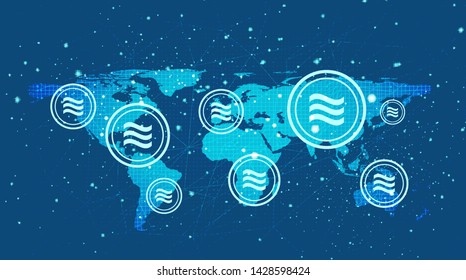 Vector Libra cryptocurrency symbol on Global  background,technology and network concept design,illustration.